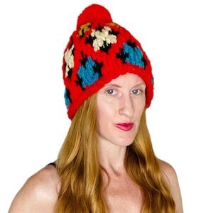 Handmade Red Colorful Geometric Crochet Winter Beanie Hat